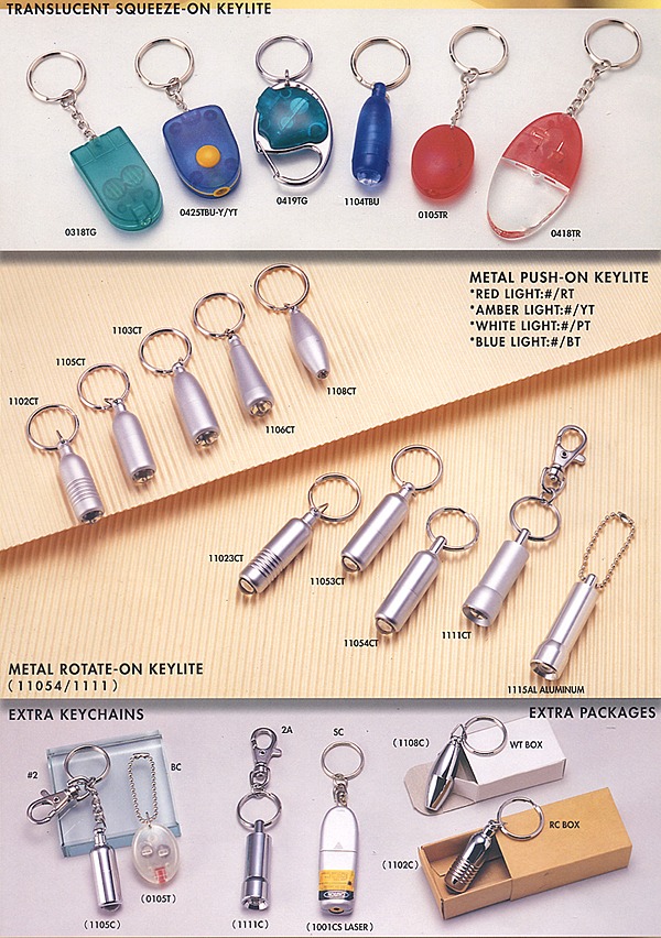 Translucent Squeeze-On Keylite, Metal Push-On Keylite, Metal Rotate-On Keylite, Exra Keychains, Extra Packages