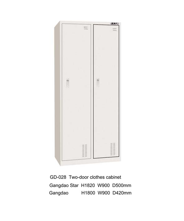 1)Commodity name: clothes cabinet ,2)Item No.: GD-028,3)Description: steel two-door clothes cabinet,4)	Specification (mm) Gangdao H1820 W900 D500mm,Customer’s size is available,5)Material: High quality cold rolled steel,The thickness of the steel ranges is from 0.4~1.0mm,6)Packing: carton box,7)Structure: Knocked down design for easy transportation and storage ,8)Color: Any color is available9)	surface finish: acid pickling, Phosphorization, Static spraying, high-temperature curing ,