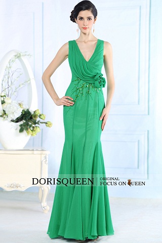Mermaid V-neck Sleeveless Flowers Silk Affordable Long Evening Dresses/Green Formal Dresses