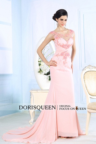 Dorisqueen mermaid jewel cap sleeves backless elastic silk lace elegant formal evening party dress with trail 31136