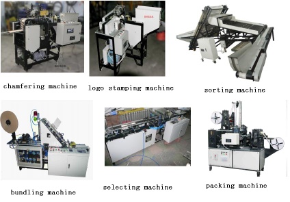 Tongue depressor chamfering machine, sorting machine, ordering machine, selecting machine, branding machine, bundling machine