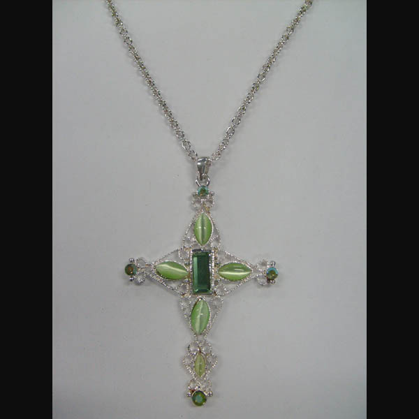 Cross necklace is made of zinc alloy with cateye,rhinestone.
