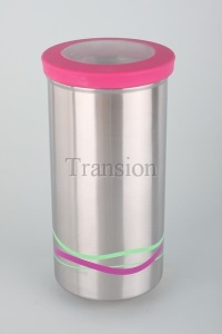 Stainless Steel coffee canister with ripple pattern, soft purple grip lid and the lid middle is clear