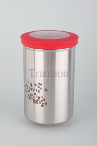 Stainless Steel coffee canister with ripple pattern, soft red grip lid and the lid middle is clear