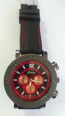 big case with double dials,strap with red stitching