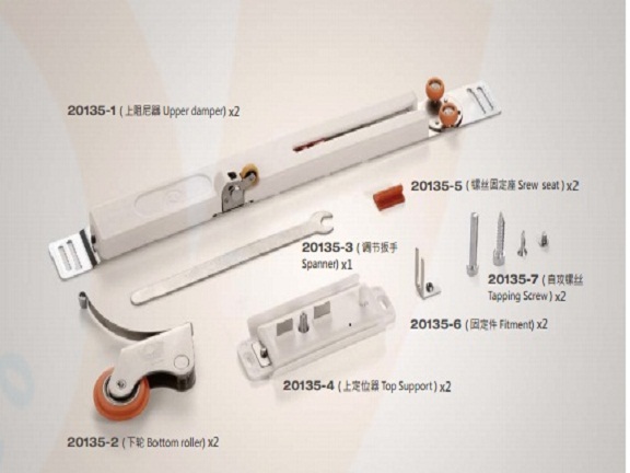 Components of soft closing sliding roller for aluminum door