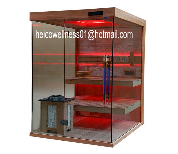 (1) Complete Sauna room for 4 persons (2) Material: Canadian Hemlock (3) Sauna heater: 9KW,heater cabinet in Black shale and marble ring for decoration  (4) Digital control panel  (5) Black shale for wall decoration (6) Cantilevered bench from a highest Level of Disign, and under the bench with LED strip light in 15 colors   (7) Roof: with theater ceiling, starlight in 7 colors and LED strip light in 15 colors (8) Backrest:LED stip light in 15 colors (9) Radio|CD|MP3 Player with integrated speakers (10) Door Handles: Crystal or outside stainless steel and inside wooden (11) 8mm tempered glass (12) Bucket,Spoon,Hourglass, Thermometre,Hygrometer