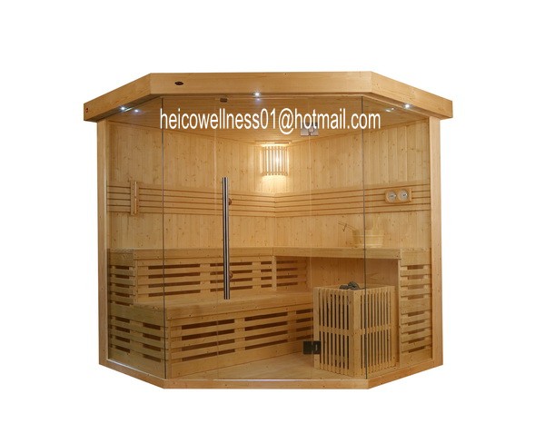 (1) Complete Sauna room for 4 persons (2) Material: Finland Pine (3) Internal Sauna heater: 9KW (4) Door Handles:  outside is stainless steel and inside is wooder (5) 8mm tempered glass (6) Bucket, Spoon, Hourglass, Thermometer, Hygrometer