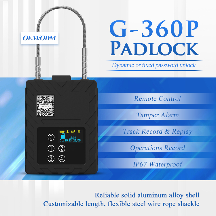 G-360P GPS Padlock 1. Remote Control 2. Tamper Alarm 3. Track Record & Replay 4. Operations Record 5. IP67 Waterproof 6. Reliable solid aluminum alloy shell 7. OEM/ODM optional 8. Customizable length, flexible steel wire rope shackle 9. Dynamic or fixed password unlock