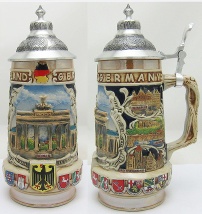 German ceramic beer stein with lid
