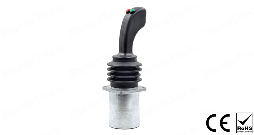 Product configuration: RT02-M-2-V1(10K)-02(89)-HD9-BT2②R③G-M6 RT02: RunnTech RT02 series joystick; M: frictional movement to both axis; 2: dual axis, with cross (+) limiter plate; V1: electrical output -10V to +10V with 24VDC input; 10K: 10K linear conductive plastic track potentiometer per axis; 02(89): 2 directional contacts per axis (all NO-contacts); HD9-BT2: grip with 2 momentary buttons; M6: mounting dimension: 76x76mm, central hole: 92mm.