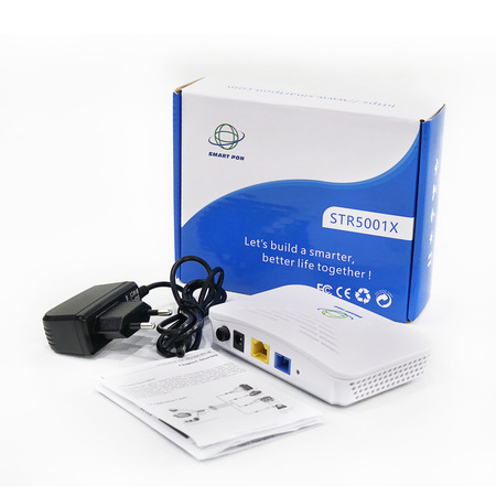 Model Number:STR5001X  Type:FTTx Solutions  Use:FTTH  PON Interface:1 GPON BOB (Class B+/Class C+)  Operating Temperature:0℃~+50℃  LAN Interface:1x 10/100/1000Mbps auto adaptive Ethernet interface  Wavelength:TX: 1310nm, RX: 1490nm  Optical Interface:SC/UPC Connector  Power Supply:DC 12V/0.5A  Power Consumption: