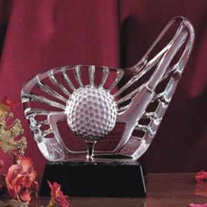 crystal glass golf trophy with black base