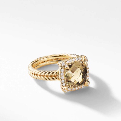 David Yurman Châtelaine Pave Bezel Ring with 9mm Champagne Citrine and Diamonds in 18K Gold