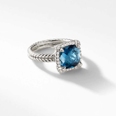 David Yurman Chatelaine Pave Bezel Ring with 9mm Hampton Blue Topaz and Diamonds