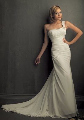 A Line One Shoulder Floor Length Attached Crepe Chiffon Brooch Wedding Dress