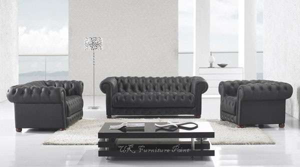 Uk FUrniture Point Designer Chesterfield Black Italian Leather 3+2 Seater Sofa
