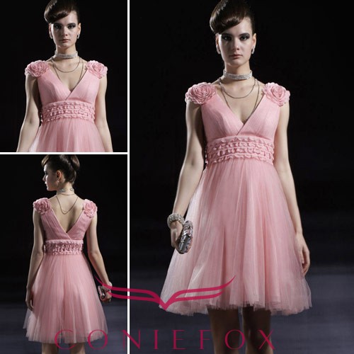 Coniefox Sleeveless V-neck Silk Short Dress Ball Dress Pink 80893