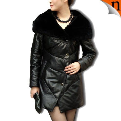 Womens Black Real Leather Jacket (Sheep Skin + 90%down + Large Rabbit fur Collar)
