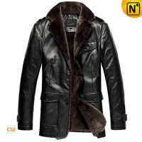 Mens Black Beaver Fur Lined Sheepskin Leather Coat CW833337 - CW833337