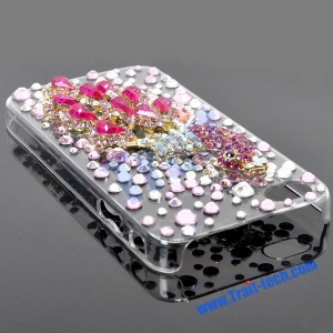 Luxurious 3D Rhinestone Diamond Crystal Plastic Hard Case for iPhone 4(Pink Peacock)