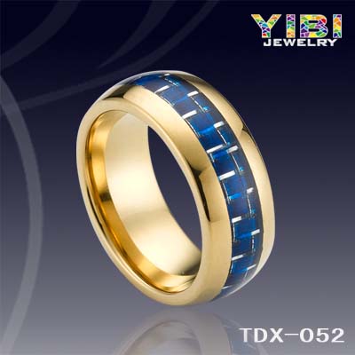 8mm  Tungsten carbide domed ring with blue&silver carbon fiber inlaid and IP gold plating TPX-052
