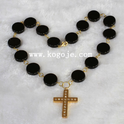 agate necklace with cross pendant, stainless steel cross with rhinestones.