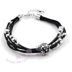 925 Sterling Silver With Leather Mens Silver Bracelet-