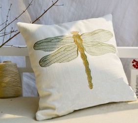 Dragonfly embroidered linen cushion