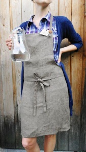 Natural linen kitchen full bib apron with pocket