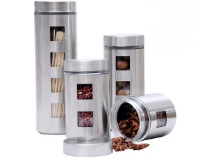 4pc Glass Canister Set w/ Window in Stainless