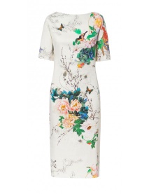 White Short Sleeve Peony and Bird Printed Cheongsam Dress